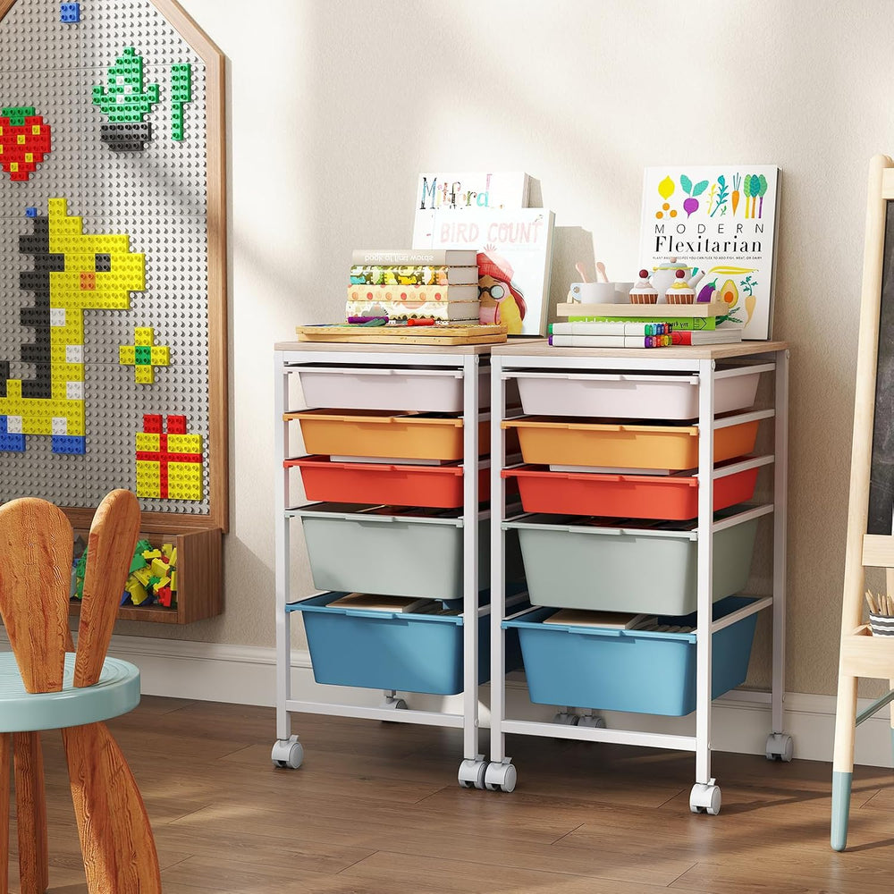 Giantex Rolling Storage Cart with 5 Drawers, Utility Cart w/Wooden Tabletop, ...