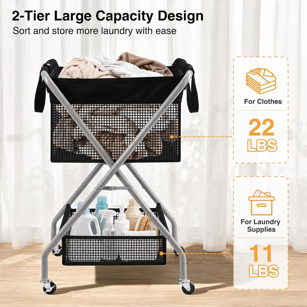 STO STO 2-Tier Foldable Laundry Cart with Wheels, 75L Tall Rolling Laundry Ha...