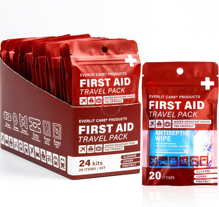 EVERLIT CARE Travel Bandage Pack | 24 Individual Packets, Bulk Portable Mini First Aid Kit with 20 On-the-Go Essentials | Compact Water-Resistant Reusable Pouch to Clean, Cover & Protect