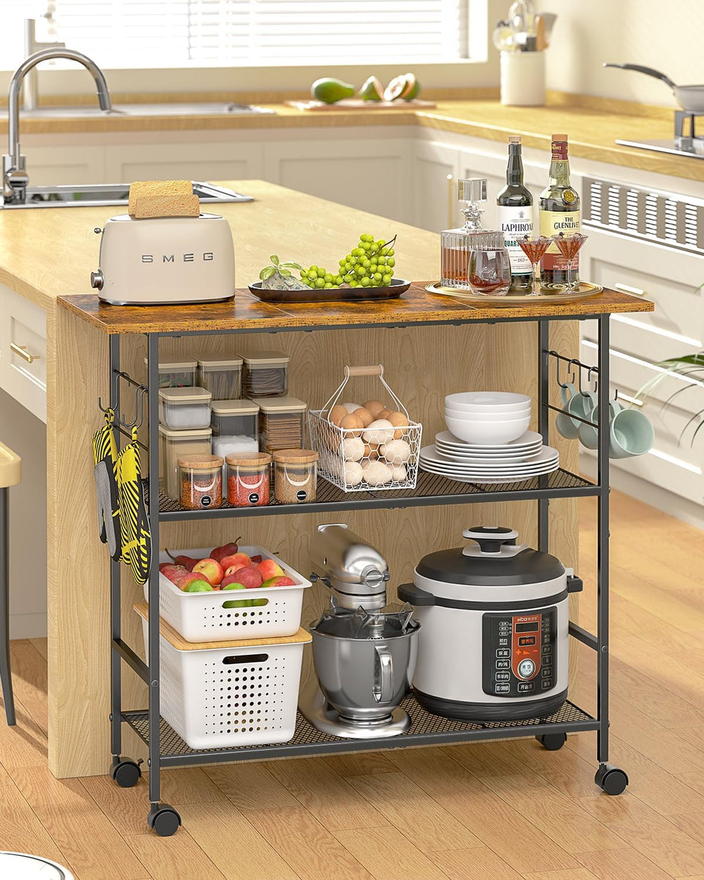 Kitchen Island with 3 Shelves, Rolling Kitchen Cart with 6 Hooks and Protecti...