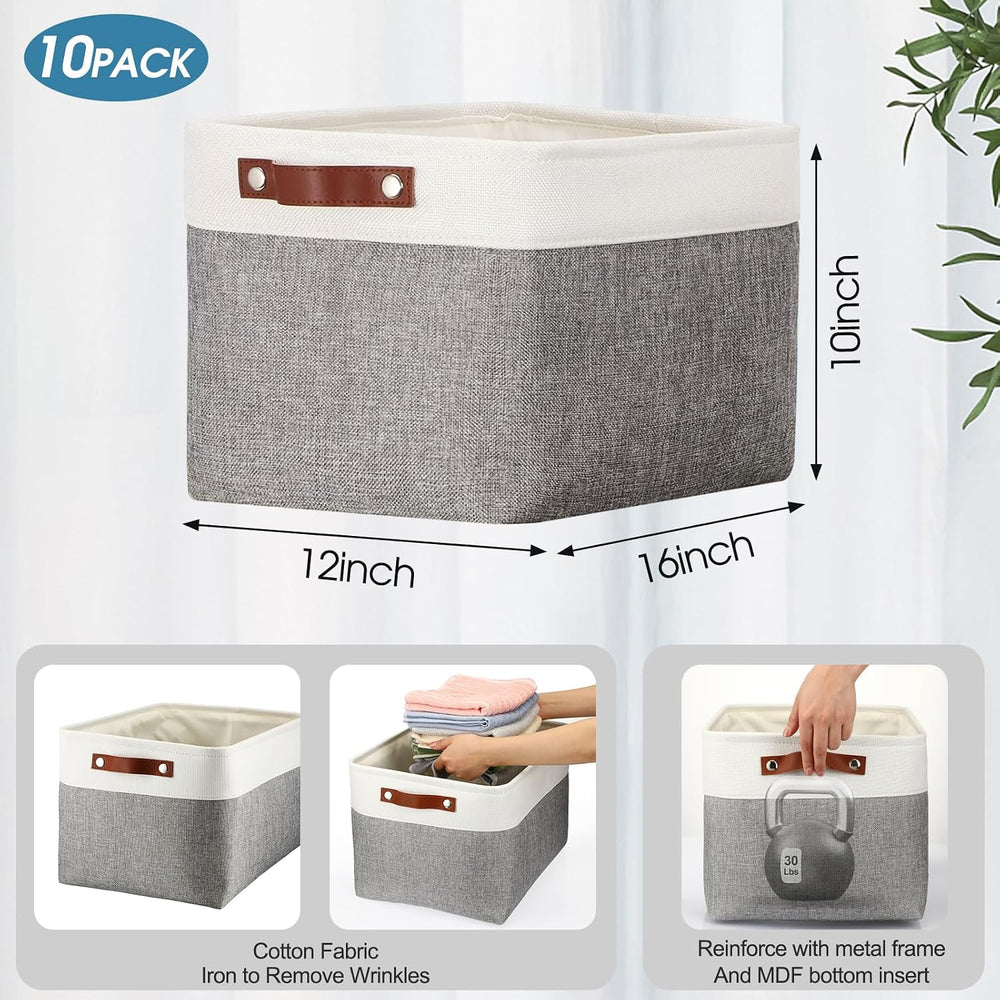 Uiifan 10 Pcs Collapsible Fabric Storage Baskets, 16 x 12 x 10 Inch, Gray