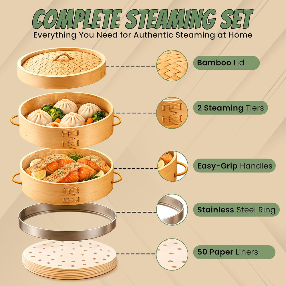 10 Inch 2-Tier Bamboo Steamer Basket for Cooking Dumplings, Dim Sum & Asi...