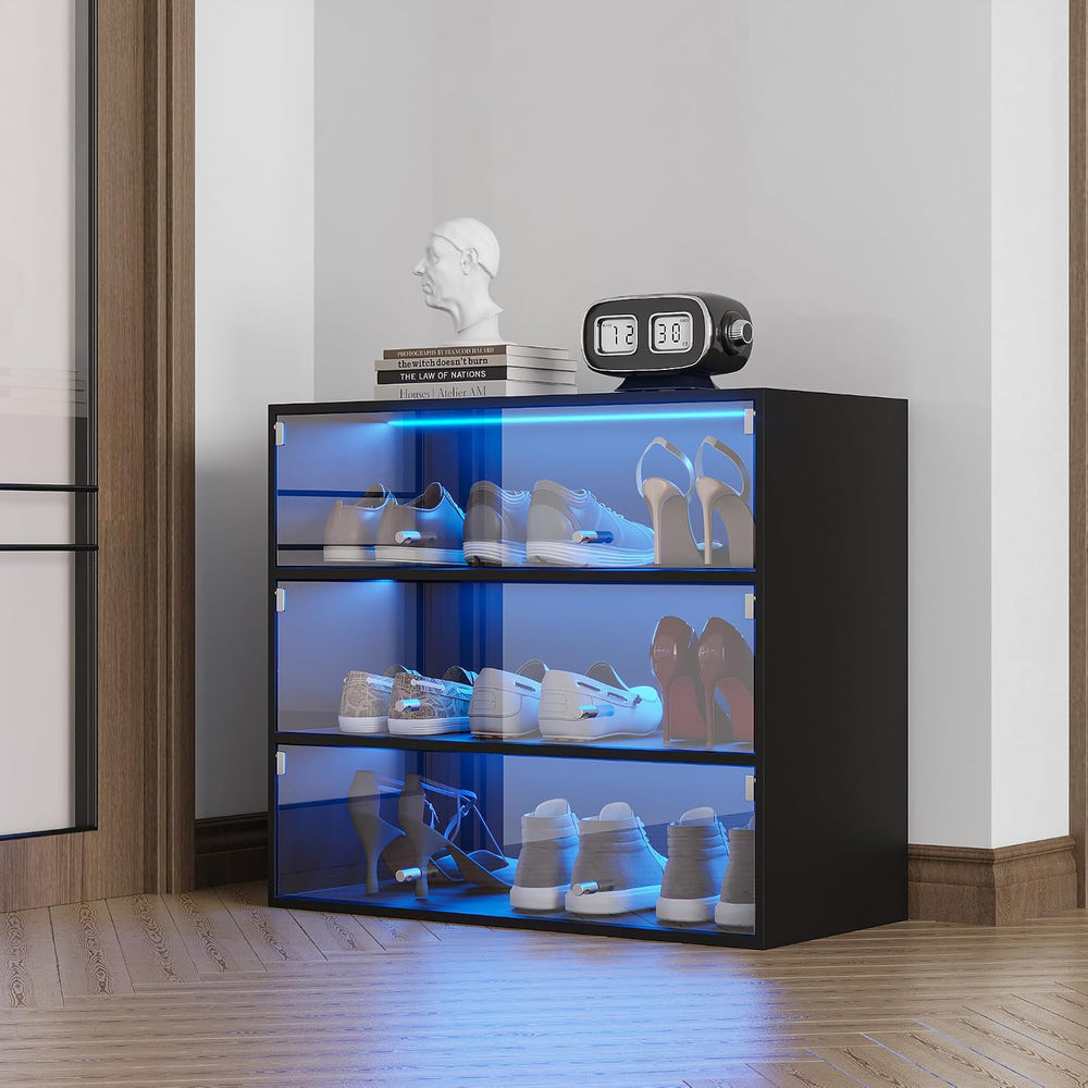 Shoe Storage Box, Wooden Organizer Shoe Storage Box with Flip Glass Door, 3-T...