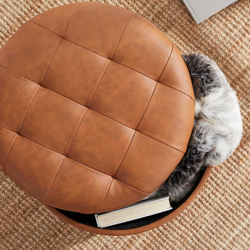 Ornavo Home 18" Round Storage Ottoman with Lid, Holds 300 lbs, Cognac