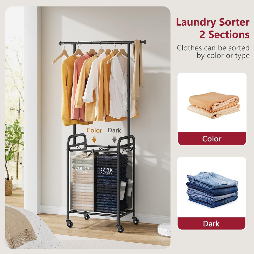Tajsoon Laundry Sorter with Hanging Bar, 2 Bag laundry cart, Black & Gray