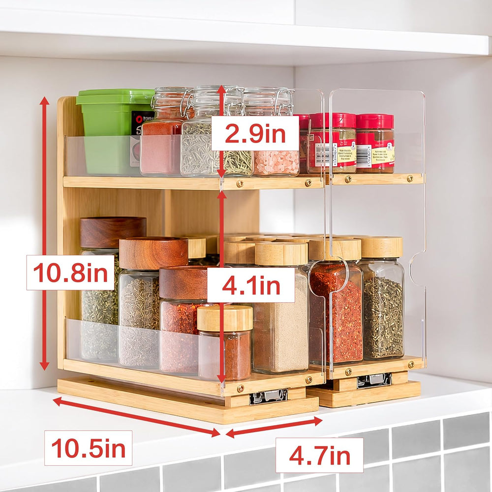 Bamboo 2-Tier Pull Out Spice Rack Organizer for Cabinet, 4.4" W Slide-Ou...