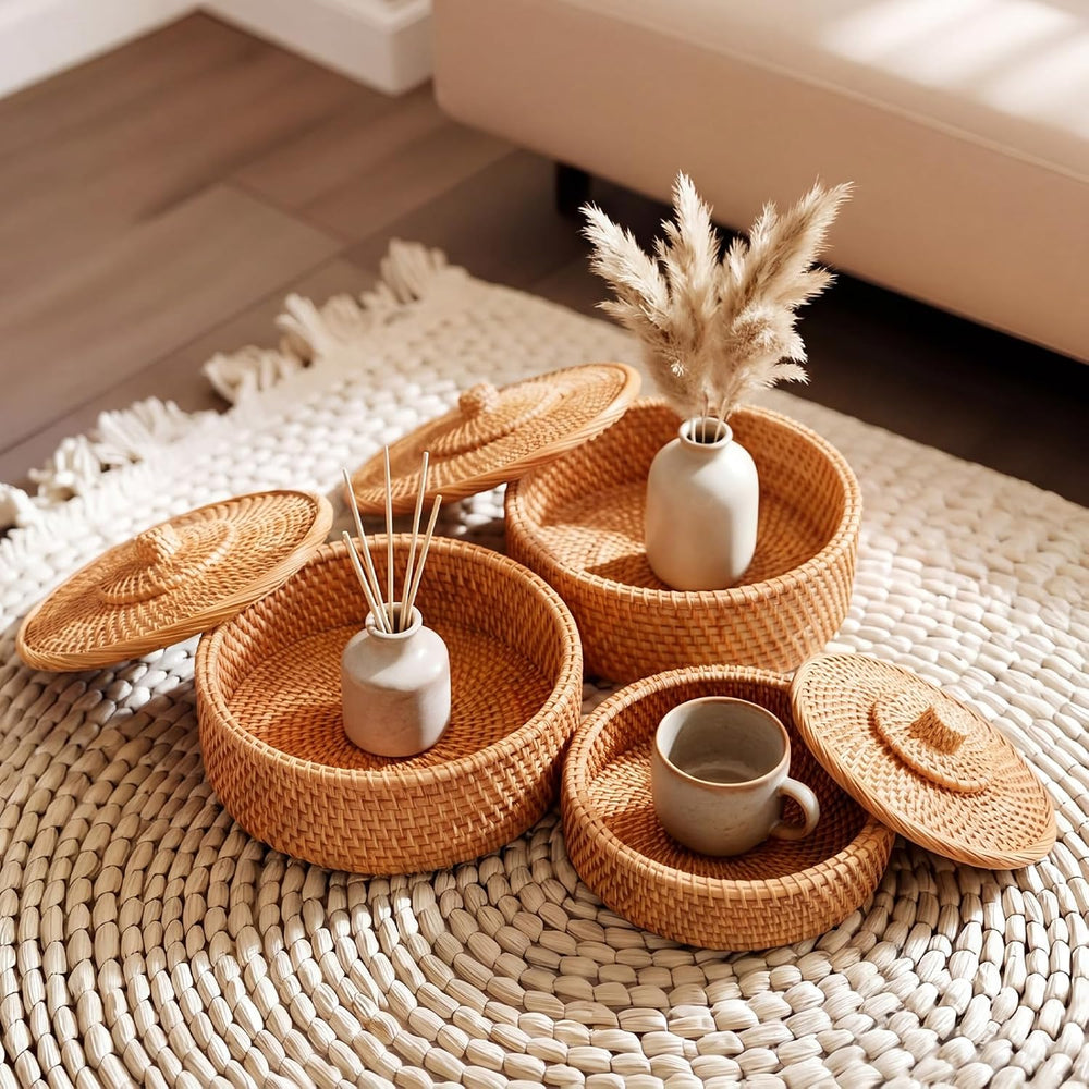 Newtay 3 Pack Rattan Basket with Lid, Round Wicker Storage Basket Woven Box R...