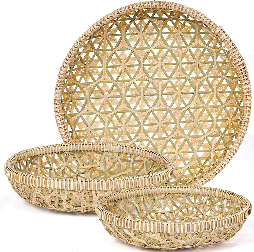 Handwoven Bamboo Basket Set of 3, Round Nesting Bread & Fruit Baskets, Na...