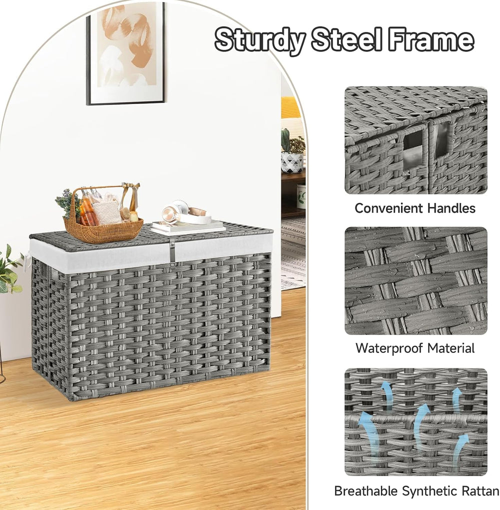 240L Wicker Storage Basket with Lid, Handwoven Rattan Large Shelf Basket with...