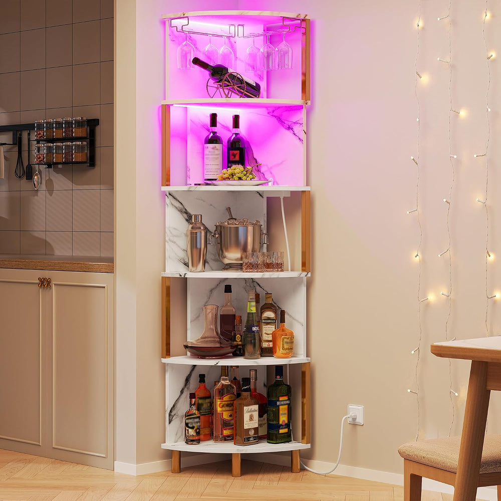 IRONCK Corner Bar Cabinet with LED Lights & Power Outlets, 5-Tier Corner ...