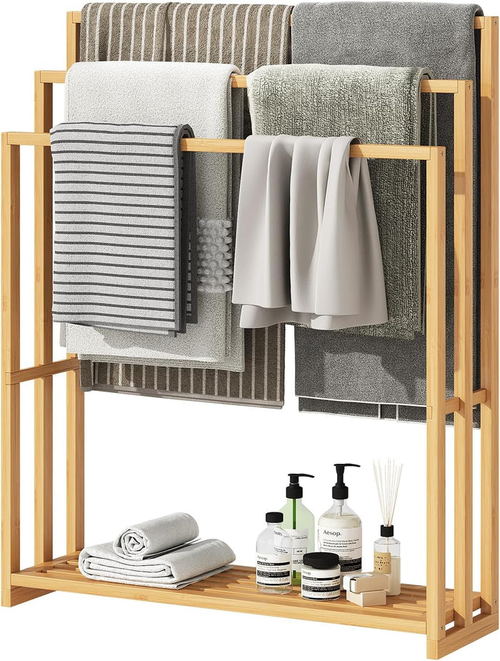 Bamboo Towel Rack Stand, 3 Tier Freestanding Bathroom Towel Drying Rack