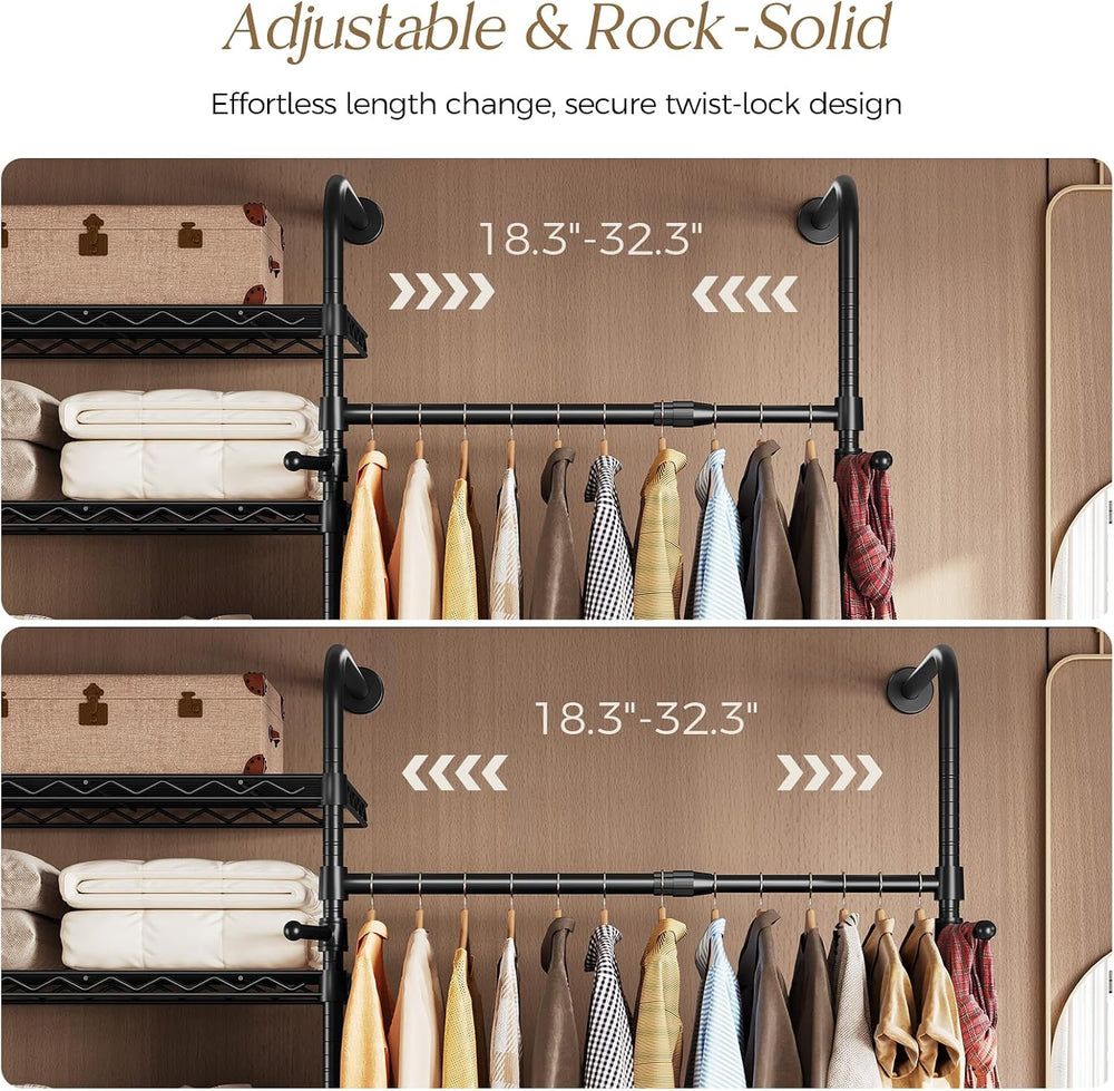 Wall Mounted Closet System, Heavy Duty 6-Row Clothes Rack, Expandable Industr...