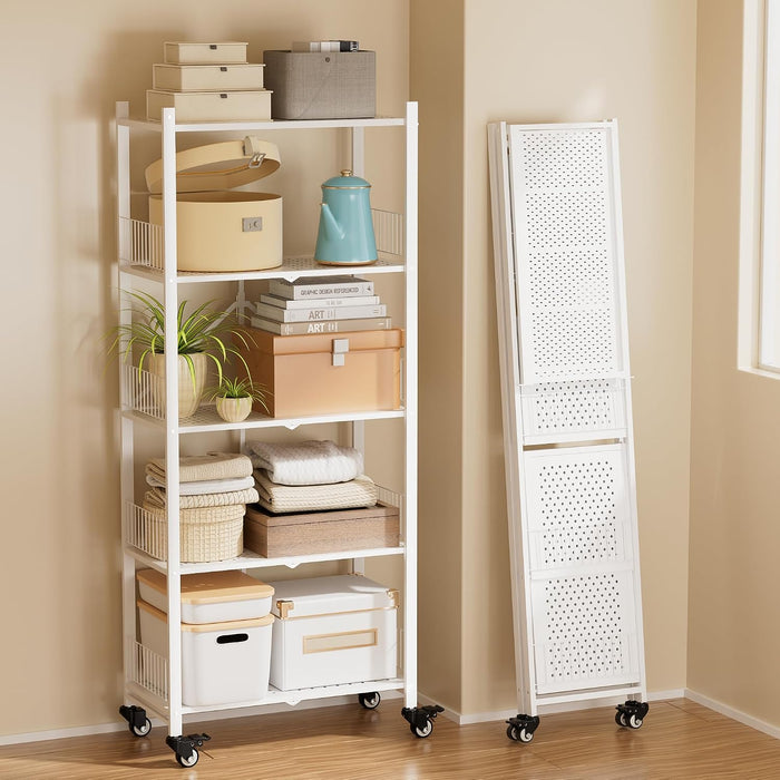 Folding Shelves No Assembly, 5 Tier Foldable Storage Shelves with Wheels, 220LBS Per Shelf Metal Collapsible Rack for Pantry Storage & Home Organization, White