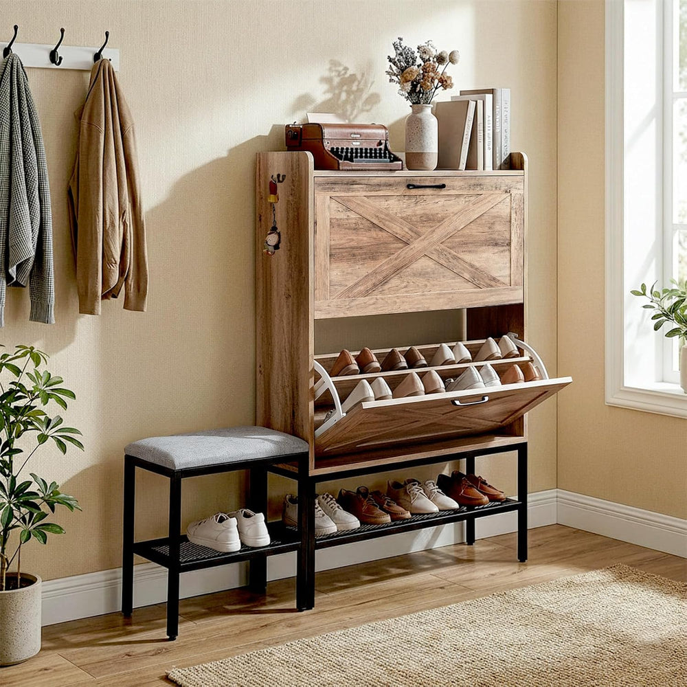 Karl home Grey Farmhouse Shoe Cabinet, Cushioned Entryway Bench Organizer