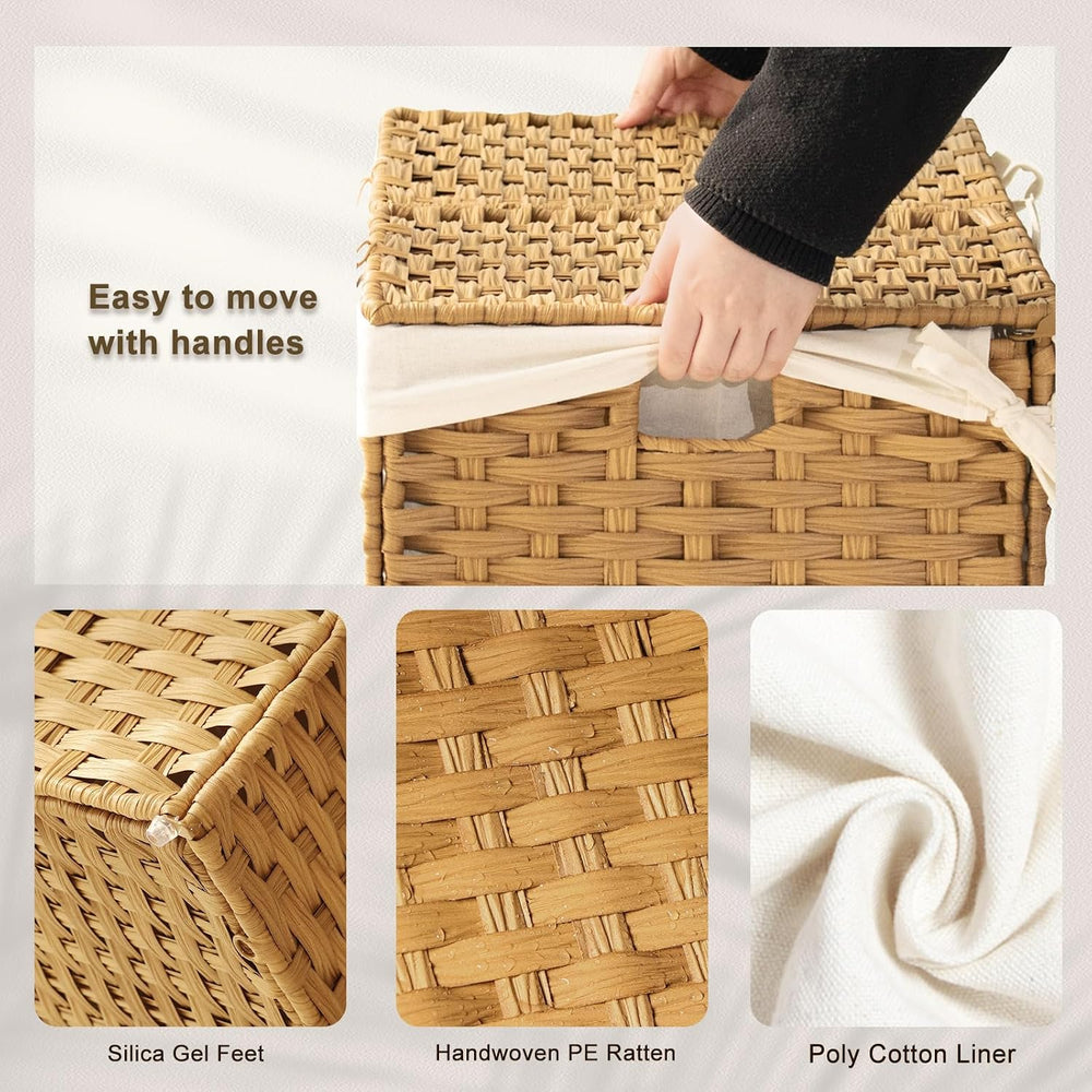 Storage Basket with 2 separate Lid, 105L Handwoven Rattan Shelf Basket with C...