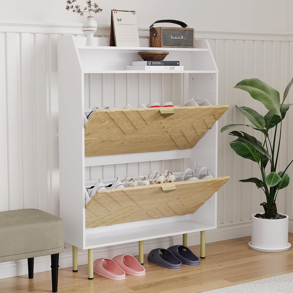 Slim Wood Color Shoe Cabinet, 2-Drawer Shoe Storage Organizer with Adjustable...