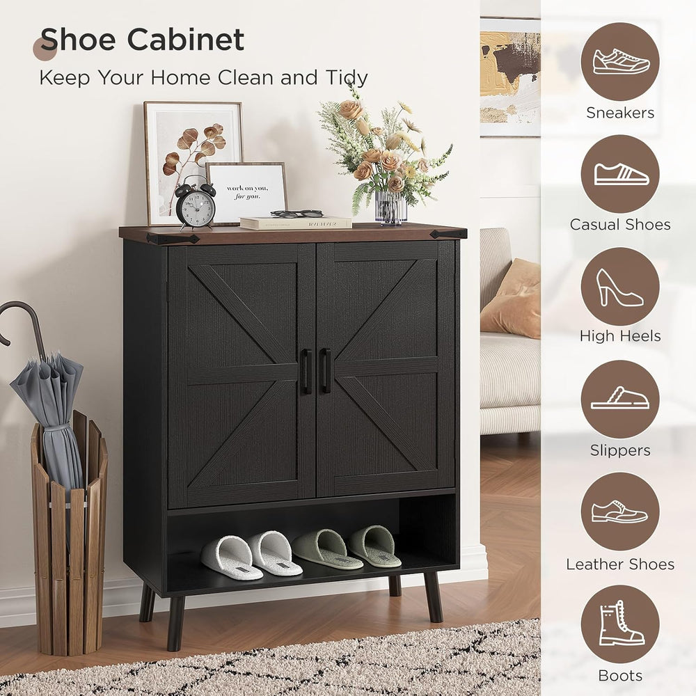 Vabches 34" Tall Farmhouse Shoe Storage Cabinet with Barn Doors, Black