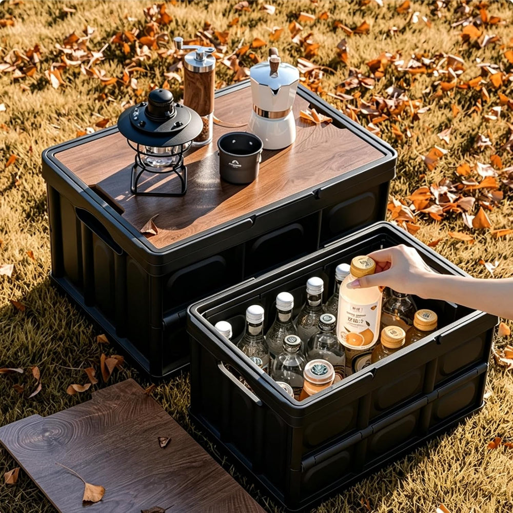 Collapsible Storage Bin with Wood Lid, Stackable Camping Storage Box for Car ...