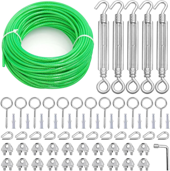3/16" Clothes Line Outdoors, 100 ft PVC Coated Steel Cable Clip Kit