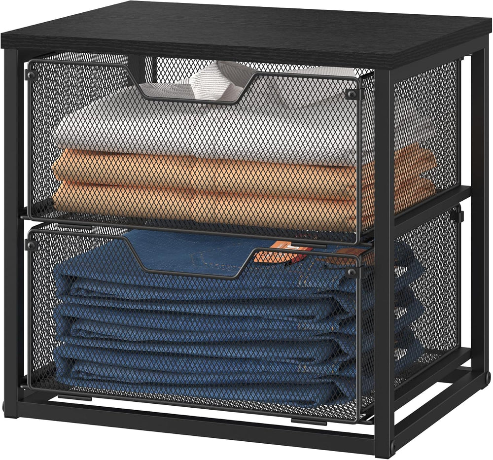 2-Tier Stackable Storage Drawers, Breathable Wire Mesh with MDF Top