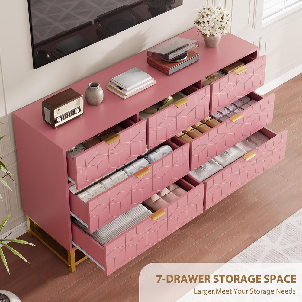 IDEALHOUSE Pink 7 Drawer Dresser for Bedroom, 53.5” Large Dresser with Metal ...