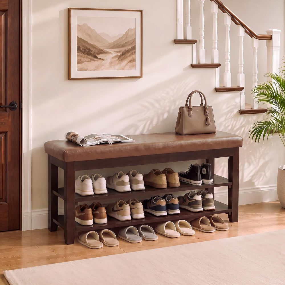 40" Solid Wood Shoe Storage Bench, 2 Tier Shoe Rack for Entryway