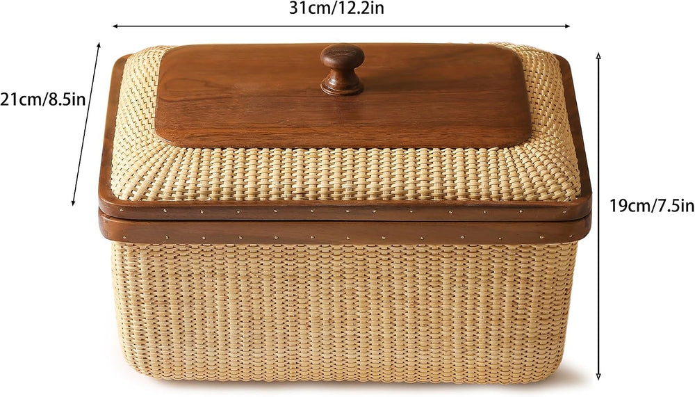 Rectangular Handmade Nantucket Basket with Lid, Natural Cane Weave Storage Ba...