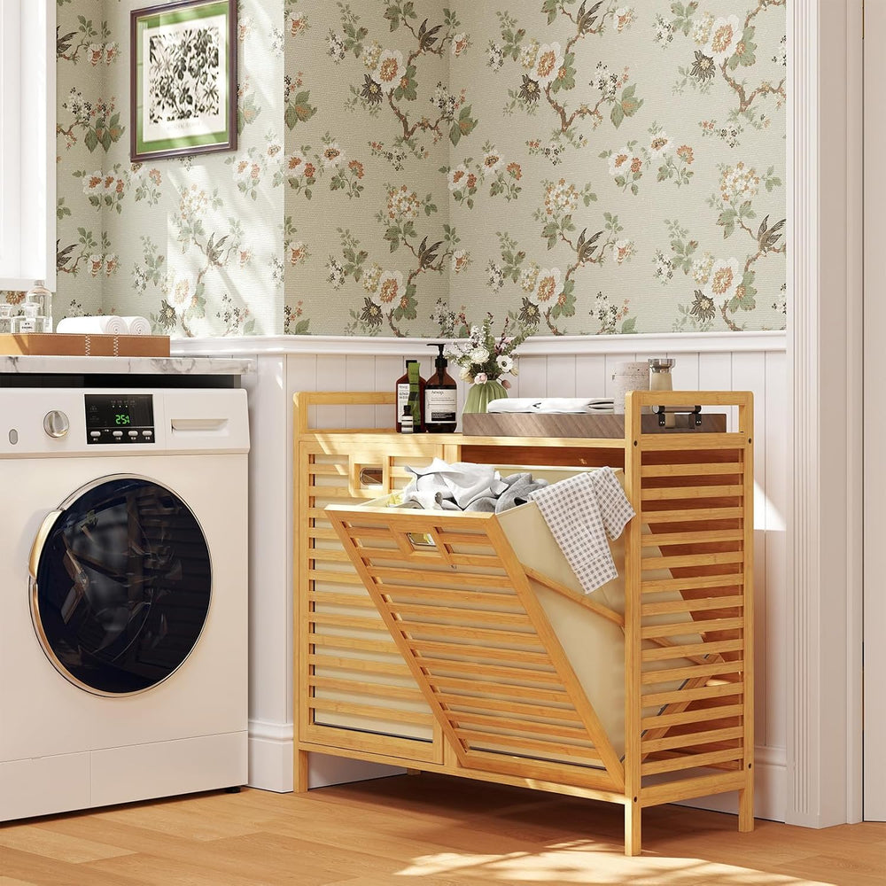 GOFLAME Double Tilt Out Laundry Hamper, Bamboo Laundry Basket Organizer with ...