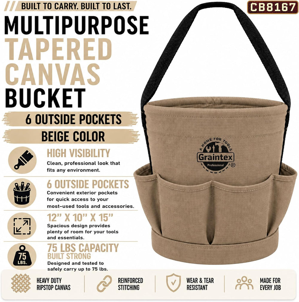 Graintex Tapered Canvas Bucket 12"x10"x15", Utility Tool Bucke...