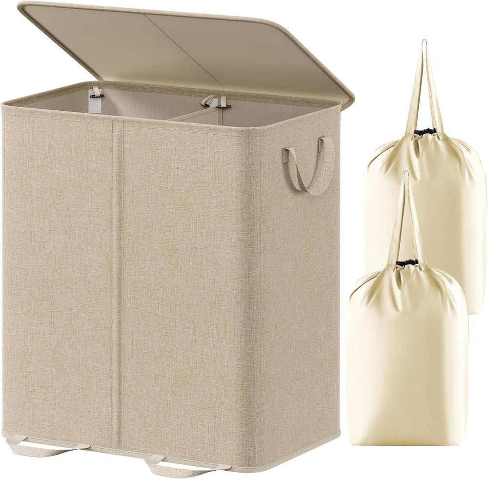 Lifewit Double Laundry Hamper with Lid, Removable Laundry Bags, Beige