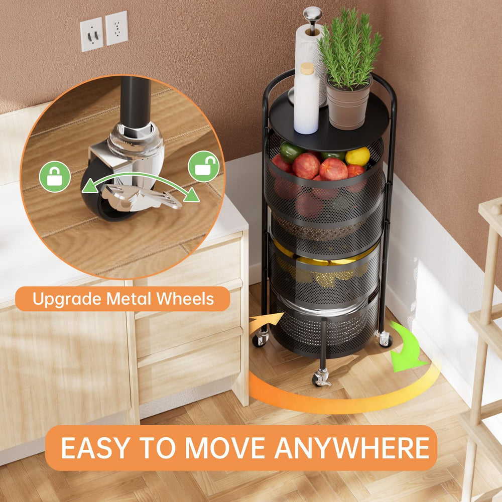 JAQ No Assembly Rotating Kitchen Storage Rack, 4-Tier Metal Basket Organizer ...