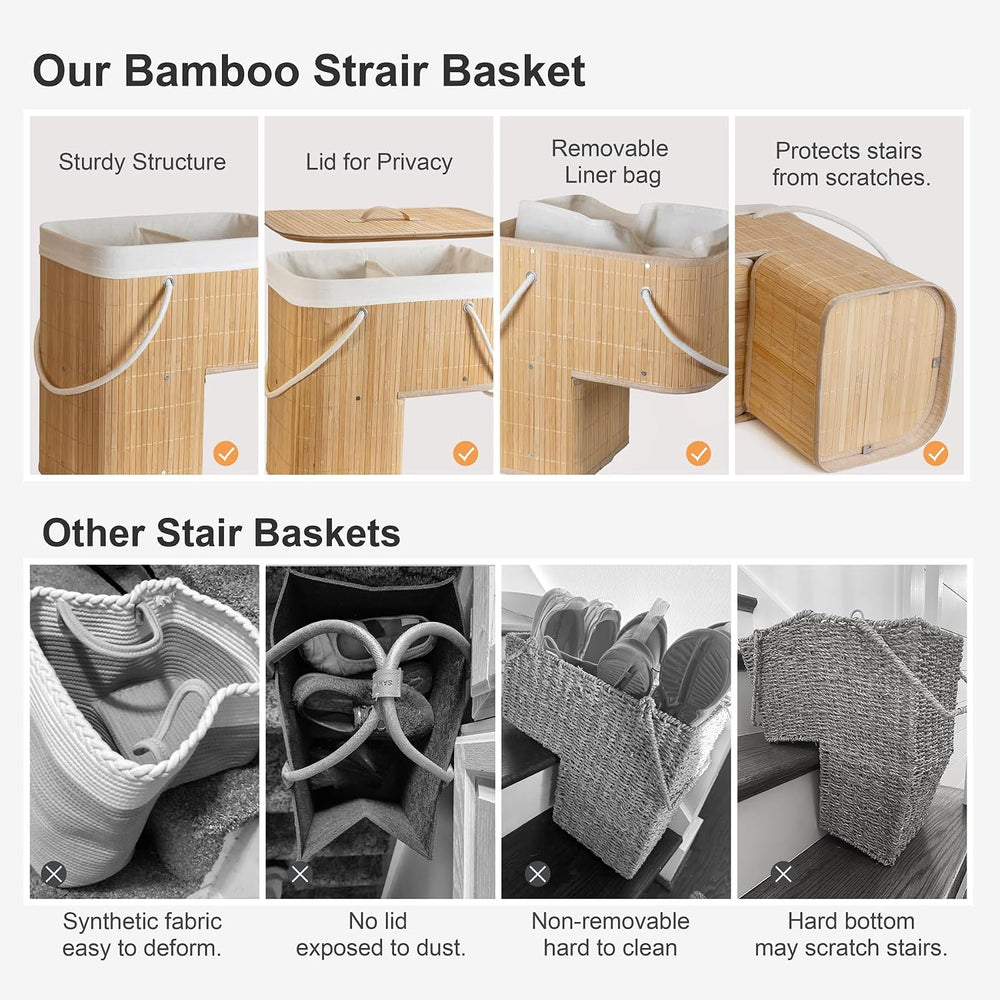 Stair Basket with Lid and Handle for Wooden and Carpeted Stairs, Natural