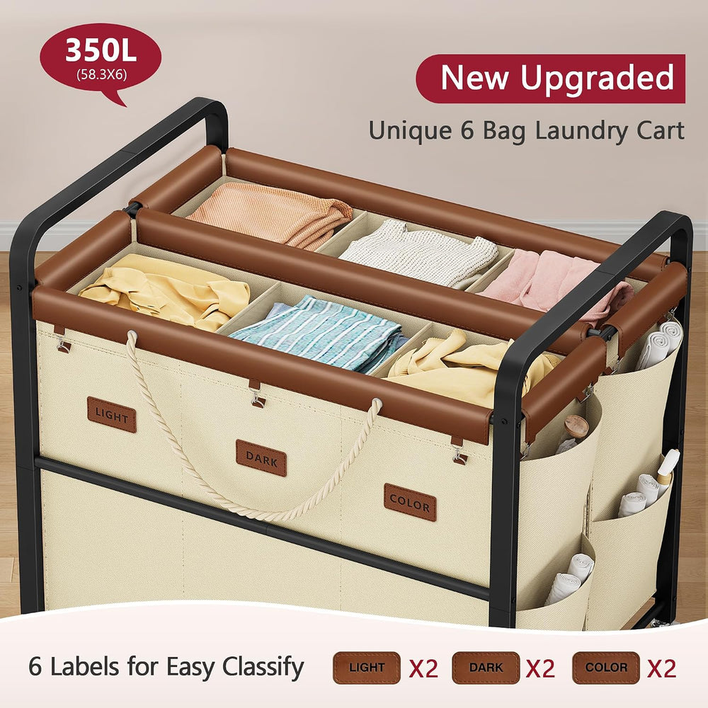 Tajsoon 350L Extra Large Laundry Cart, Laundry Hamper 6 Section, Beige