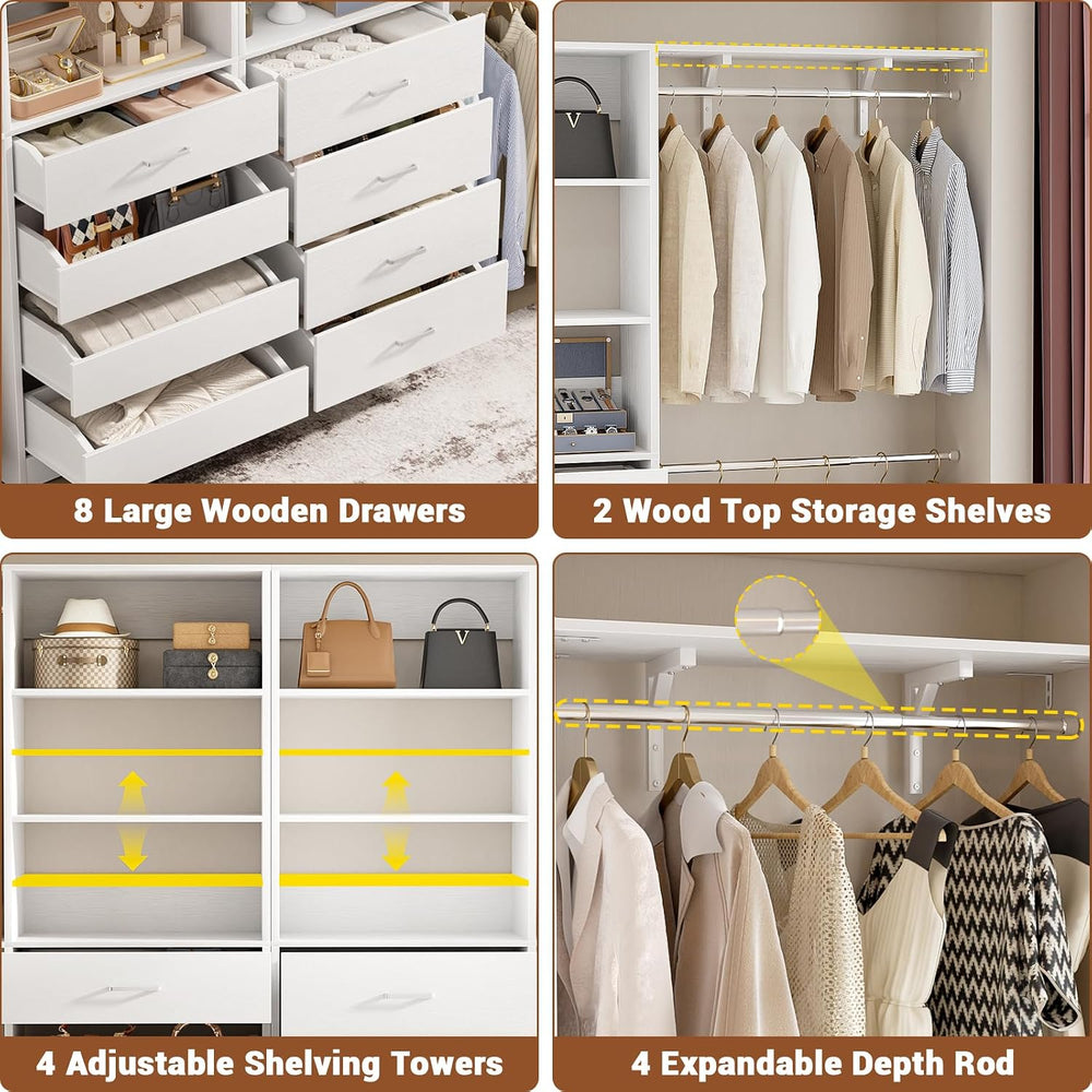 Aheaplus Closet System, Wood Closet Organizer System with 8 Drawers &4 Rods