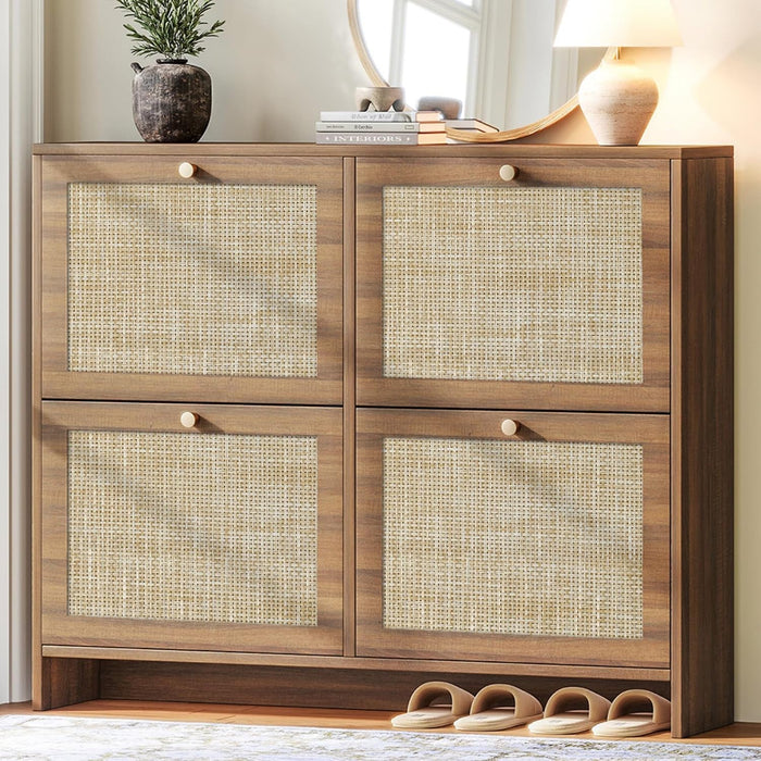 Nicetree Shoe Cabinet Storage for Entryway, 4-Flip Drawer Narrow Shoe Rack, Organic Modern Rattan Shoe Organizer, Shoe Organizer Fits Men's Size 13.5, Walnut