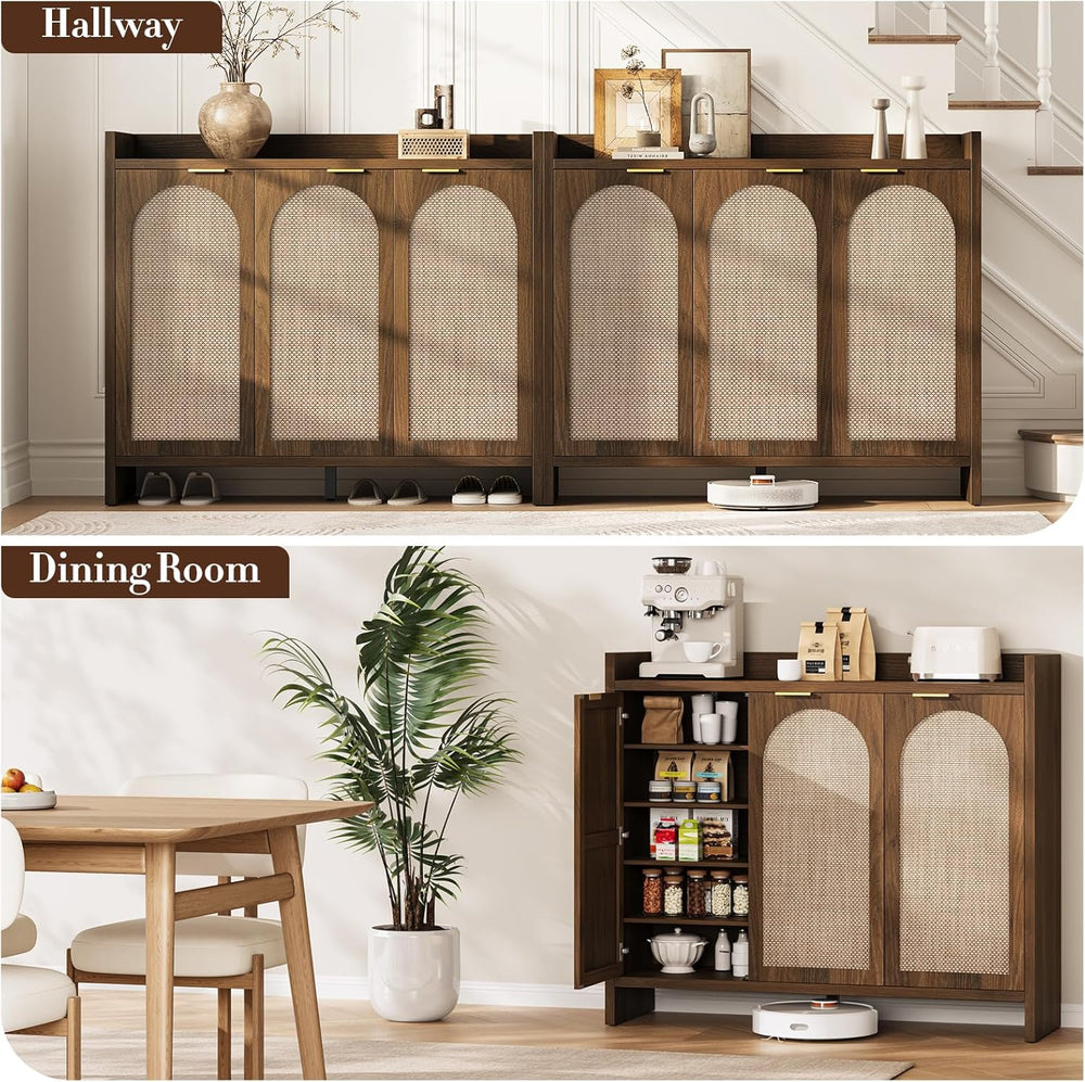 Rattan Shoe Storage Cabinet, Wooden Shoe Rack Organizer Cabinet with 3 Doors ...