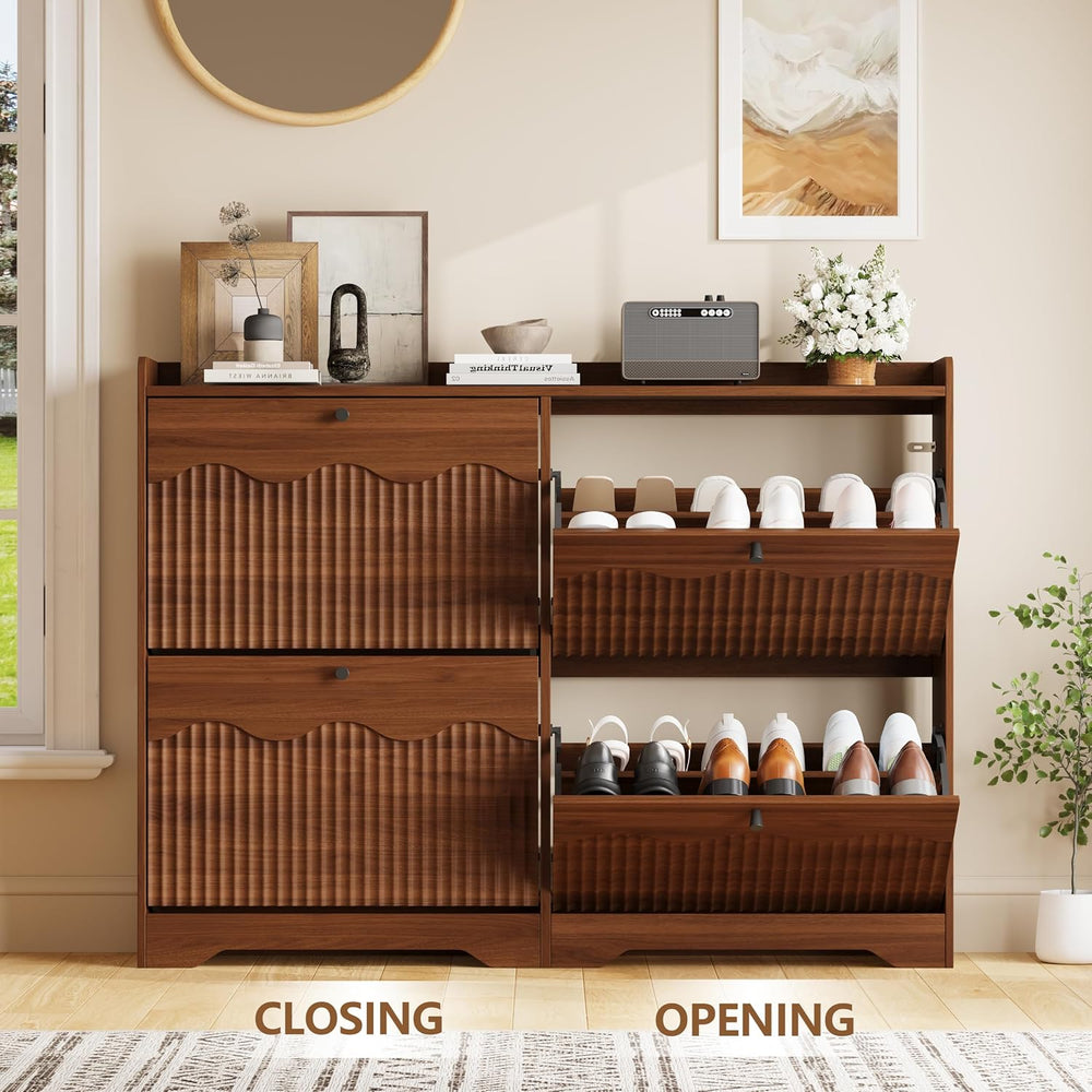 BORNOON Wide Shoe Storage Cabinet with 4 Flip Drawers and Modern Wave-Edge Fl...