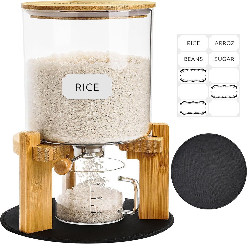 Glass Rice Dispenser 10 lbs, with Airtight Lid & Labels & Slider mat....