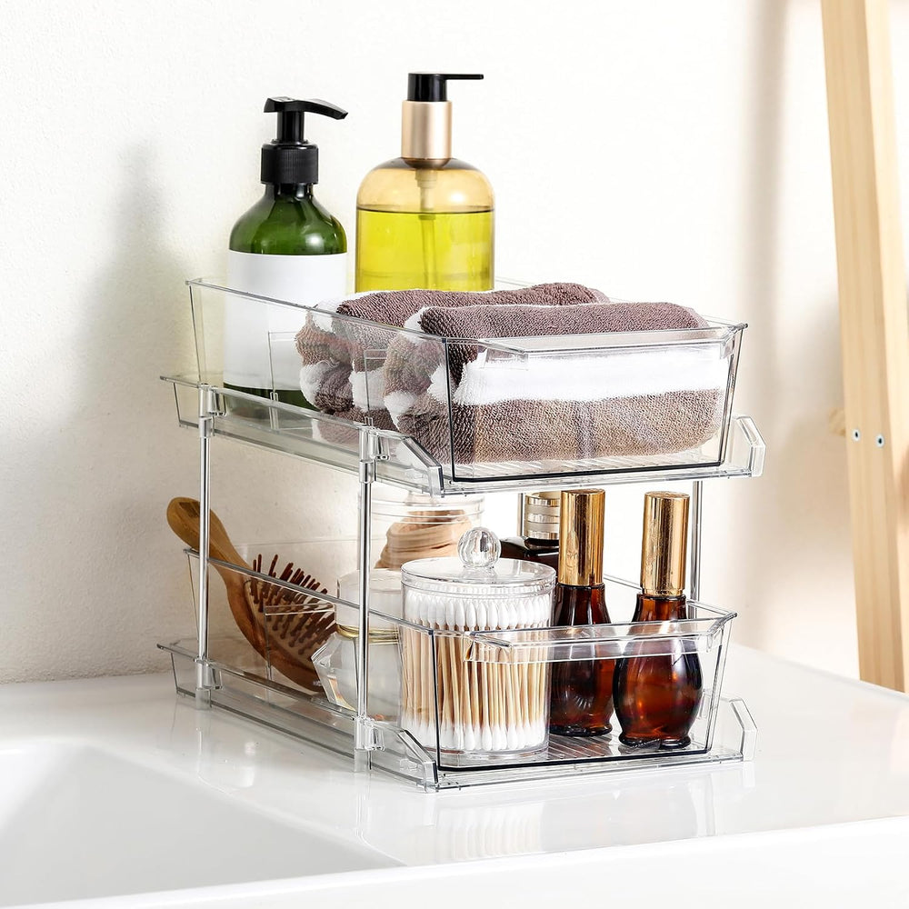 2 Set, 2 Tier Clear Organizer with Dividers for Cabinet, Shlef, Counter - Mul...