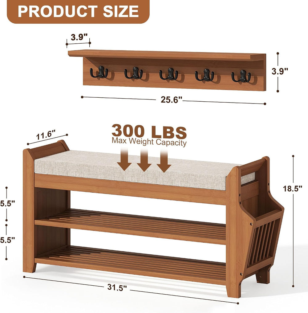 PETKABOO 31.5" Shoe Bench with Coat Rack Hidden Drawer and Side Holder, ...