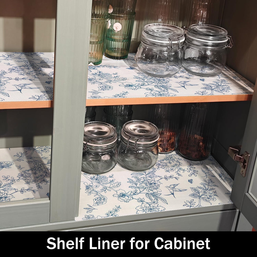 White and Bluer Bird Floral Drawer Liner, 24IN x 10FT