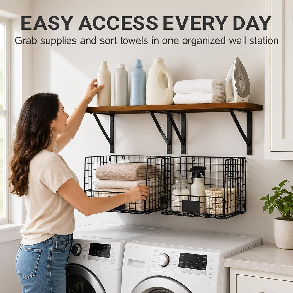2 Pack Laundry Room Shelves Wall Mounted with Wire Mesh Baskets