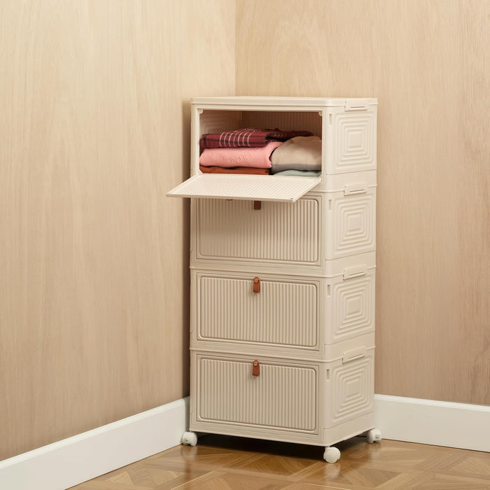20 QT (80 QT Total) Foldable Storage Cabinet with Doors – 4 Tier Stackable Organizer, Collapsible Plastic Storage Bins with Magnetic Doors, Space-Saving Storage for Bedroom, Closet, Dorm