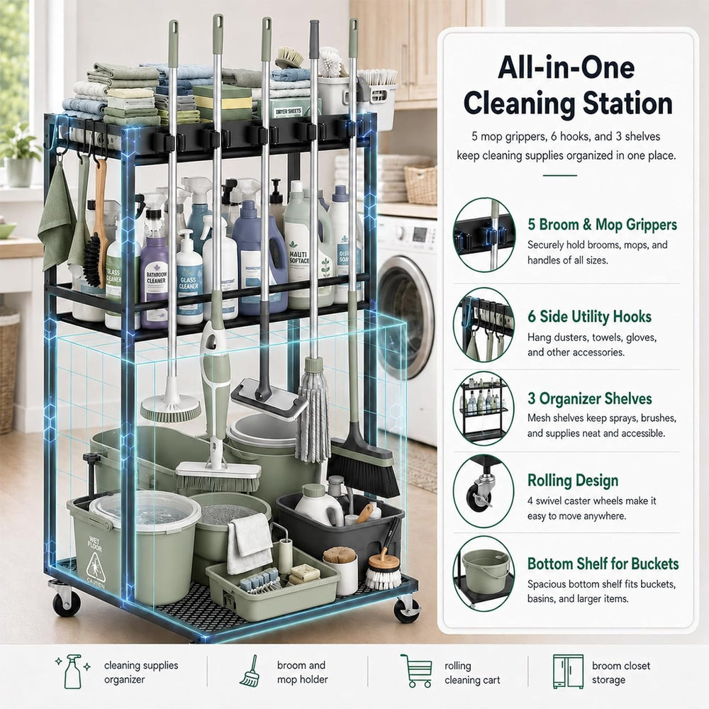 Cleaning Supplies Organizer Cart with Wheels, Broom and Mop Holder with 5 Gri...