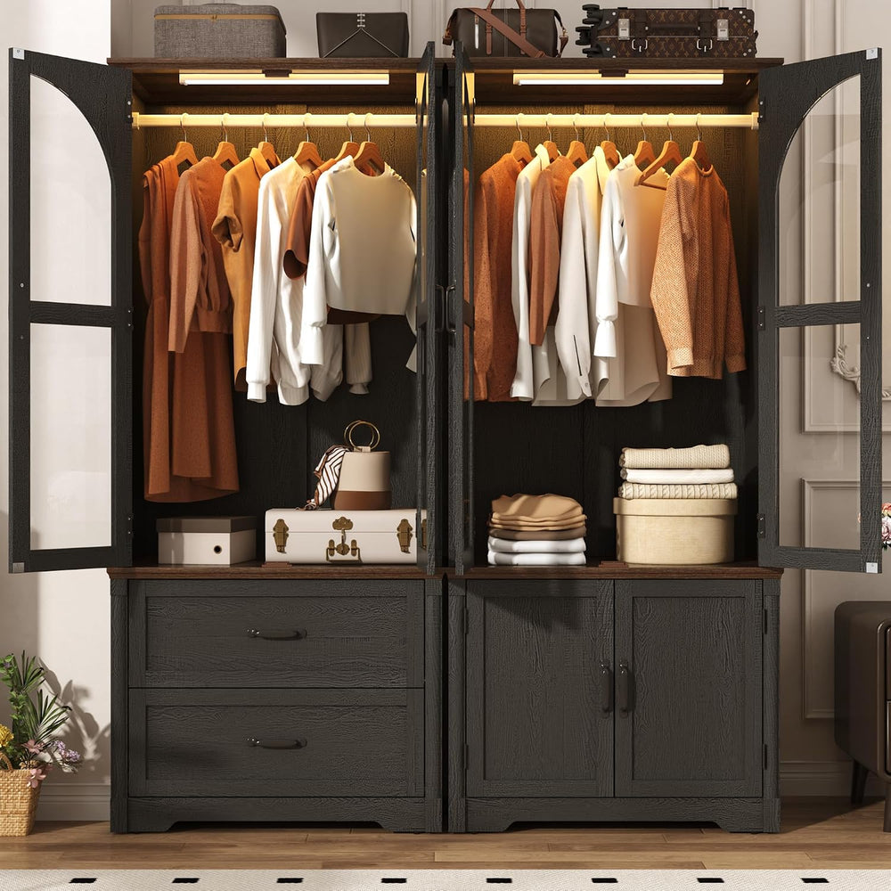 Tall Farmhouse 4 Doors Armoire Wardrobe Closet with LED ,72" Freestandin...