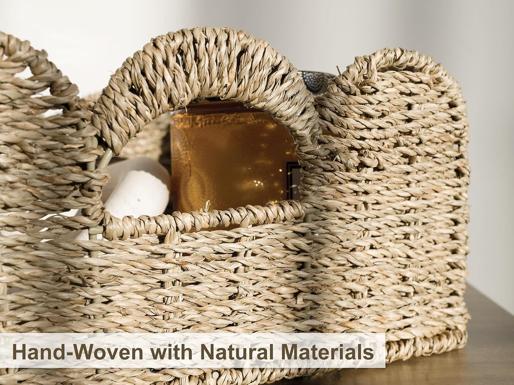 StorageWorks Scalloped Wicker Basket, Hand-woven Rattan Baskets with Built-in...