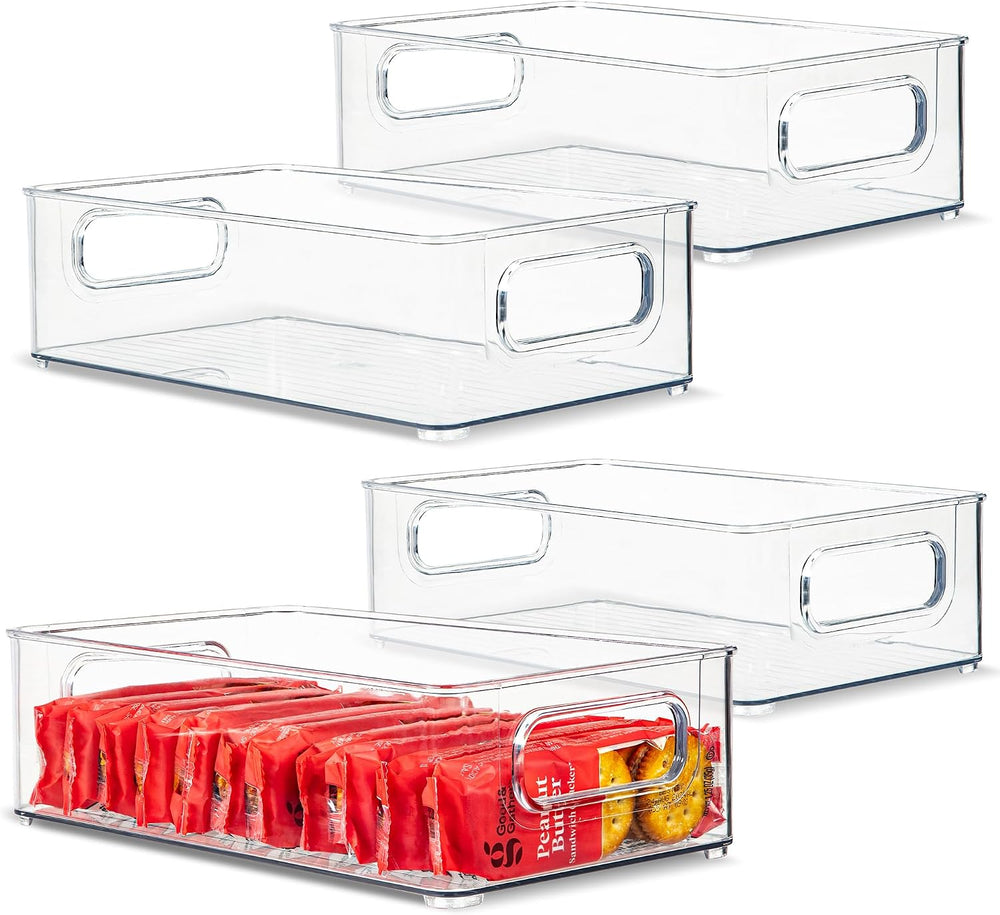 Plastic Food Storage 4 Pack Clear Container Bin with Handles for Organizing K...