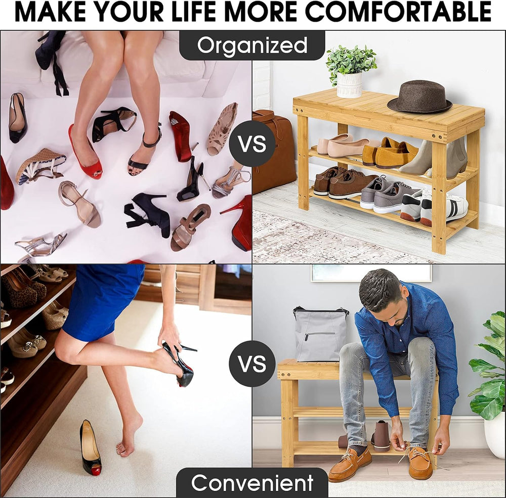 3-Tier Bamboo Shoe Rack Bench, Entryway Bench with Storage Drawer, Natural