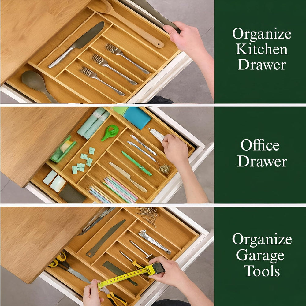 Bamboo Drawer Organizer – Expandable 9 Slot Silverware & Utensil Tray for...