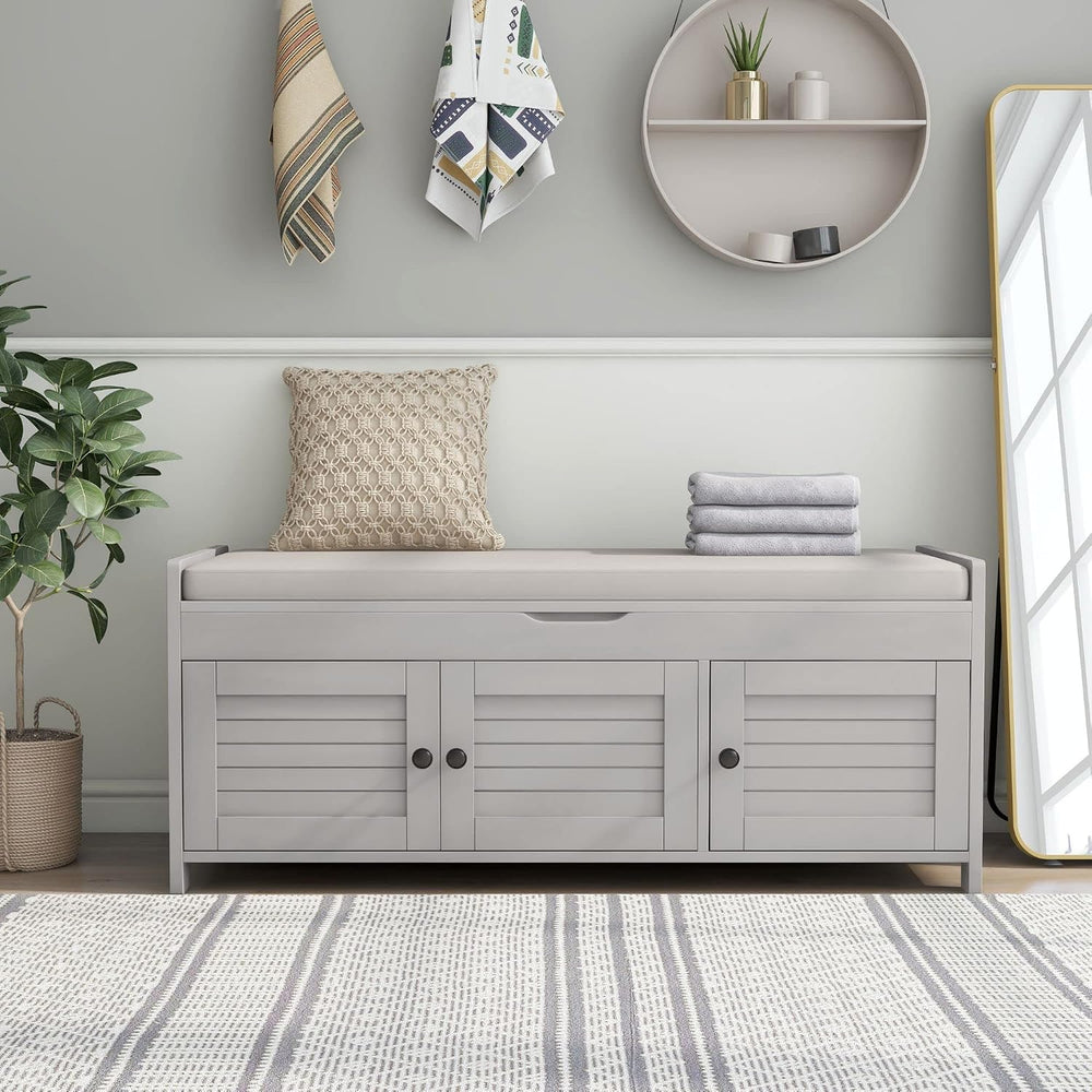 P PURLOVE Wood Storage Bench with 3 Shutter Doors, Shoe Bench with Removable ...